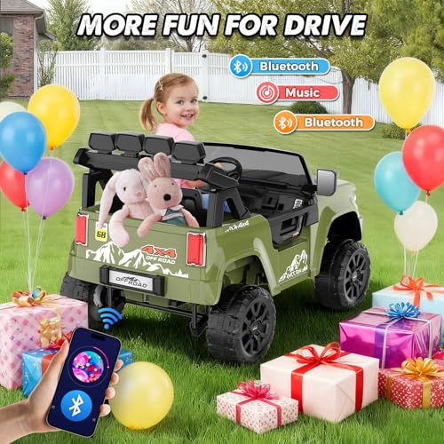 Hikole 2 Seater 24V Ride on Toys for Kids, Power Wheels with Remote Control, Electric Vehicle, 4×200W Strong Motors, XXL 22'' Seat, Long LED Lights/Shock Springs/Rear Storage/Dashboard-Green - Thumbnail 5