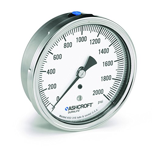 Ashcroft Duralife Type 1009 Stainless Steel Case Dry Filled Pressure Gauge, Stainless Steel Tube and Socket, 3.5" Dial Size, 1/4" NPT Lower Back Connection, 0/3000 psi Pressure Range