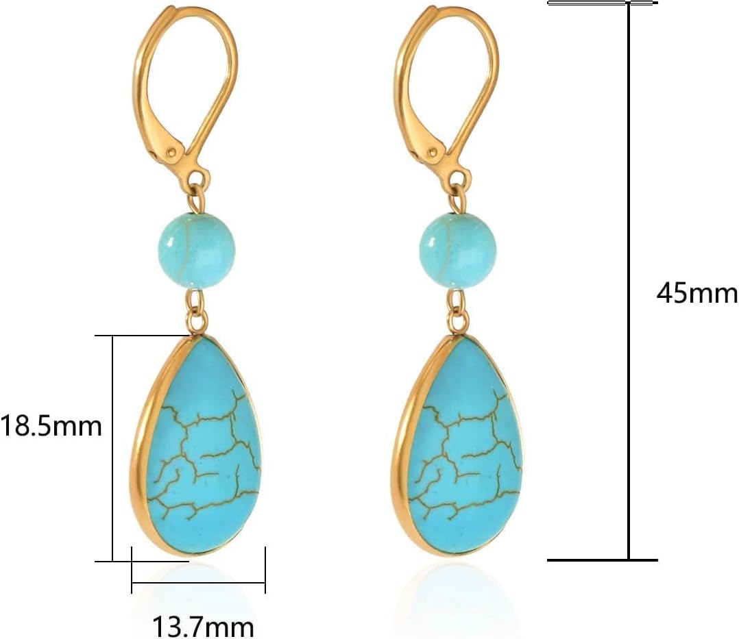 925 Sterling Silver Natural Gemstone Teardrop Fishhoop Drop Earrings 18k Real Gold Plated Turquoise Lever Back Earring Teardrop Jewelry Birthday Valentine's Day Gift for Women - Image 5