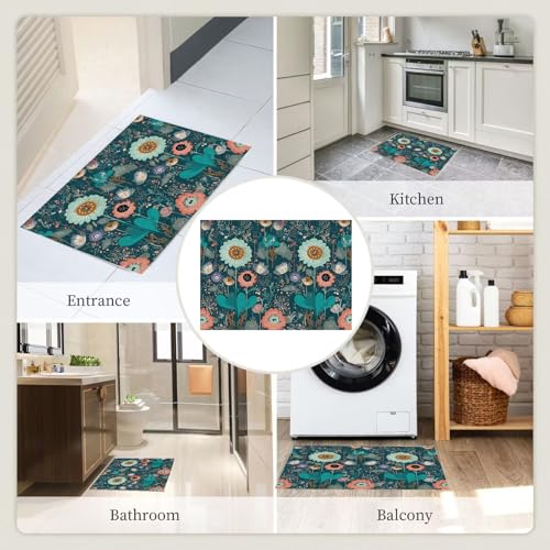 Tapis poils courts bohème lavable 240x300cm floral sarcelle - 8