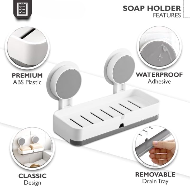 Acrylonitrile Butadiene Styrene ABS Soap Holder for Bathroom - Non-Drill Wall Mount Magic Sticker Self Adhesive Soap Stand for Bathroom with Removable Drain Tray (Design_1)
