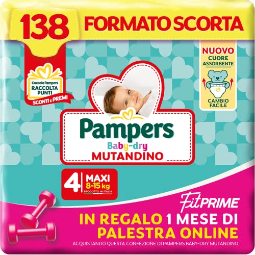 Pampers Baby Dry Majtki & Fit Prime Maxi, Rozmiar zapasowy, 138 pieluch, Rozmiar 4 (8-15 kg), 1 miesiąc siłowni online w bezpłatnym