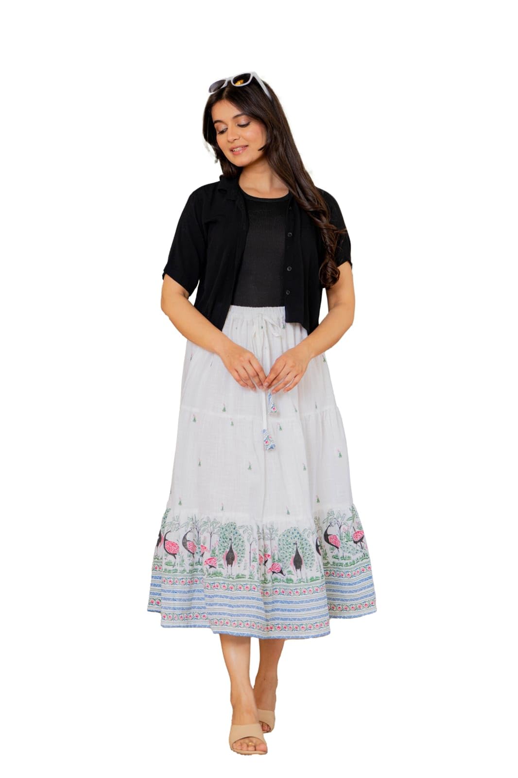Neha Cration Women's Cotton Peacock Print Skirt with Lining, White-picture-29
