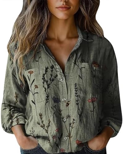 Elegant Summer Women's Shirt, Curvy Linen Blouse Flower Shirt Lon...