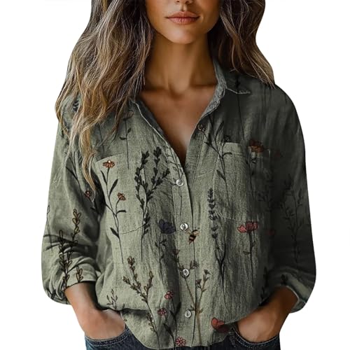 Elegante Sommer-Damen-Bluse, kurviges Leinen-Blusenshirt mit Blumen,...