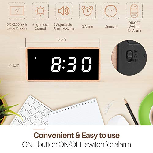 Digital Alarm Clock,Solid Wood Led Modern Desk Clock With 5.5"X2.36"Display,7 Brightness,5 Volume,3 Alarms,Snooze For Kids Bedroom Office (Beech Wood) #TOP1