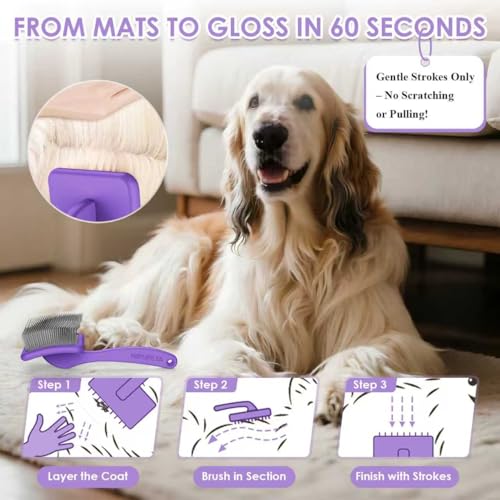 Image of Large Dog 3 in 1 Grooming Kit, Extra Long Pin Slicker Brush Purple | Ideal for Goldendoodles, Poodles; premium wooden handle; undercoat rake; removing thick mats; tangle deshedding