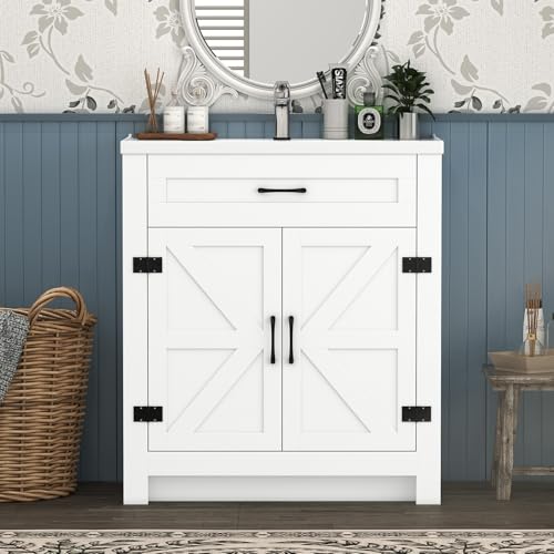 Caulitar Premium Bathroom Vanity with Ceramic Sink, White Farmhouse Rustic Floor Bathroom Vanity Cabinet Combo with Barn Door & Faux Drawer, 35