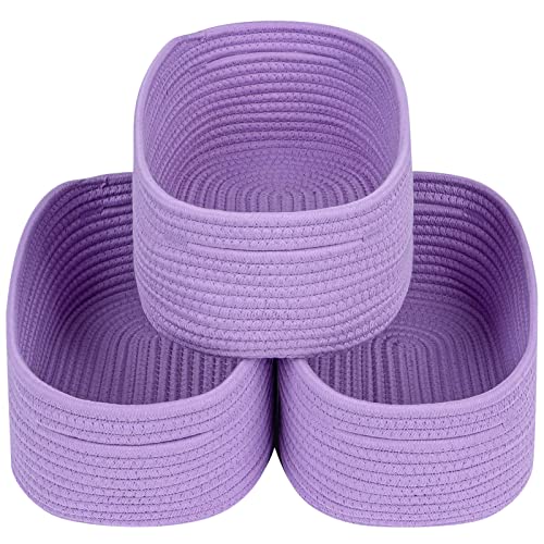 Image of CubesLand Small Storage Baskets for Shelves, Closet Organization Storage Bins Empty Gift Basket 3 Packs Baby Nursery Woven Baskets for Organizing, Rectangular Clothes Closet Shelves Baskets Purple