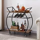 LVB Bar Cart with Wine Rack, 2 Tier Kitchen Cart on Wheels, Modern Wood and Metal Portable Coffee Cart Table for Home, Utility Industrial Mobile Serving Cart with Storage Shelf, Rustic Oak