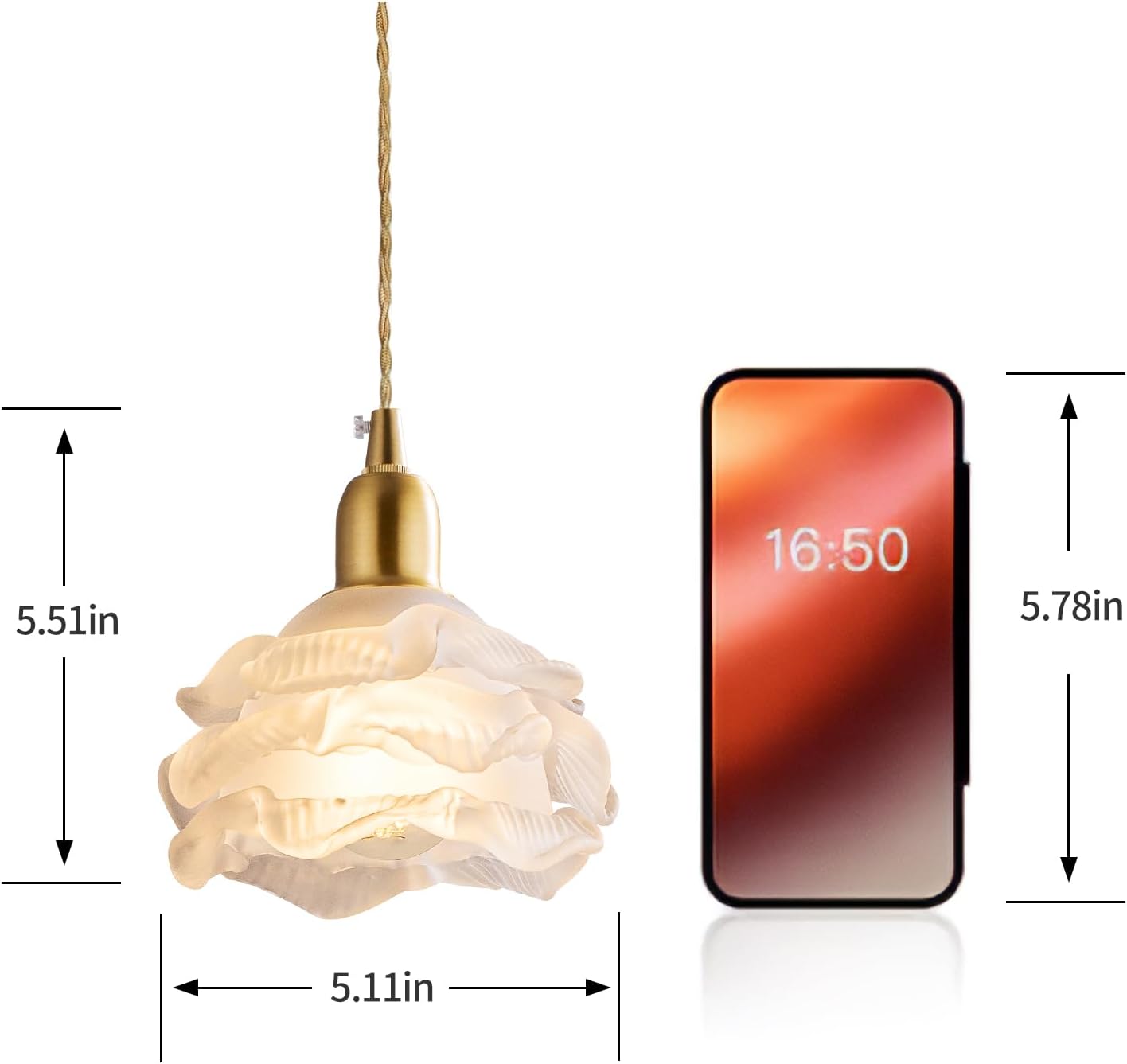 MODIVO Plug in Pendant Light, Vintage Brass Flower Hanging Light with Glass Shade, Small Chandelier for Kitchen Island Bedroom Dining Room Hallway, Mini Ceiling Fixture