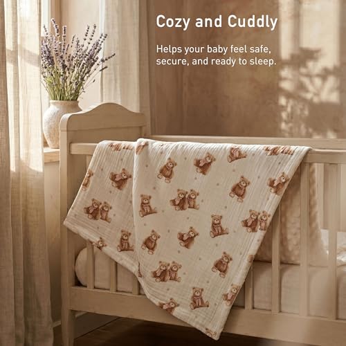 Image of GLLQUEN BABY Blankets for Boys Girls, Soft Muslin Cotton Front Dotted Fleece Backing, Nursery Minky Crib Blanket for Infant Toddler, 30 x 40 inches Throw Blanket, Bears