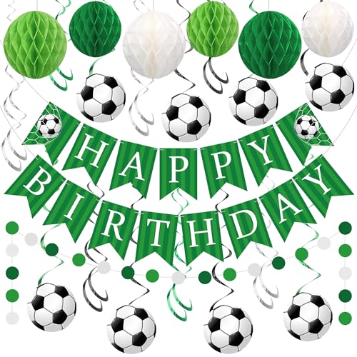 Soccer Party Decoration Soccer Theme Decor Pre-strung Soccers Happy Birthday Banner Hanging Swirls Honeycomb Balls Circle Dots Garland for Boys Soccers Sports Theme Birthday Decorations