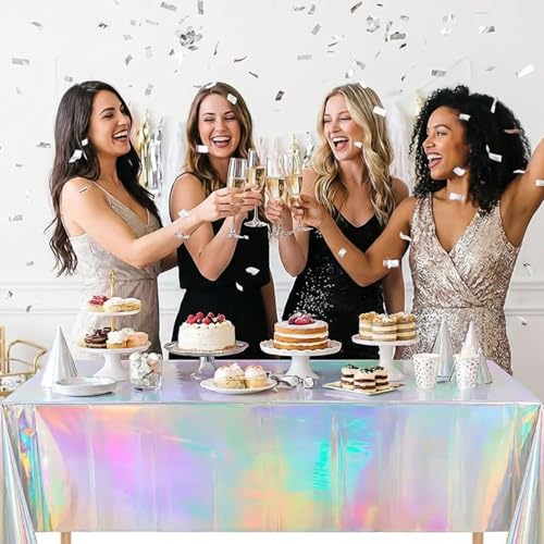 Favuit 4 Pack Iridescent Plastic Tablecloths, Disposable Laser Rectangle Holographic Foil Party Table Covers Waterproof Party Decorations for Birthday Wedding Christmas, 54x108Inch by Favuit - Used condition - Image 9