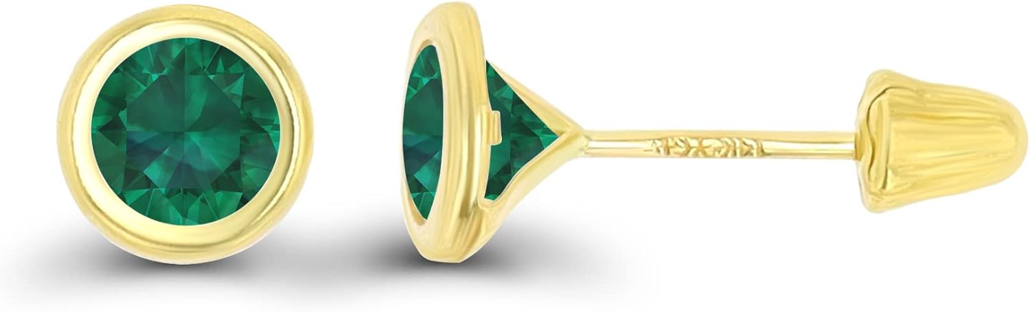 Solid 14K Gold Hypoallergenic 4mm Round Solitaire Genuine Birthstone Bezel Screw Back Stud Earrings