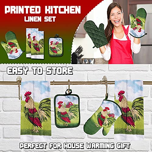Lobyn Value Packs 4 Pack Kitchen Linens Lightweight Decorative Kitchen Towel Oven Mitt & Potholder (Rooster 2) #TOP4