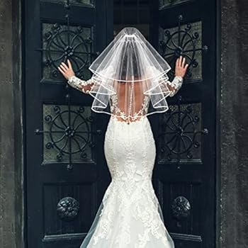 Voile De Mariée Simple En Tulle Court Avec Bord En Ruban Avec Peigne Pour Mariage, Enterrement De Vie De Jeune Fille, Appliques En Cristal à 1 étage