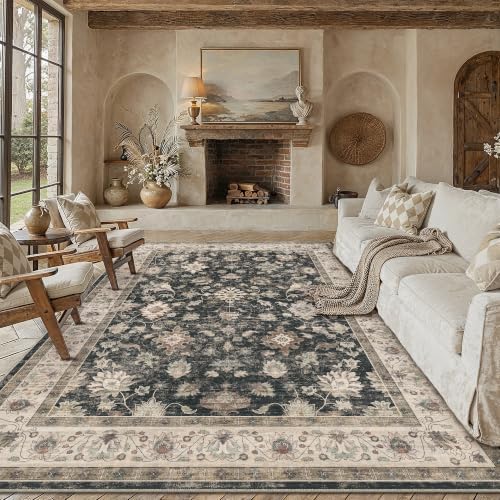 PureCozy Teppich Wohnzimmer 200x300cm Waschbarer Teppiche,Schwarz | Blumenmuster,Waschbar, Rutschfest, Kurzflor, Weich, Schlafzimmer, Esszimmer, Büro, Flur, Kinderzimmer