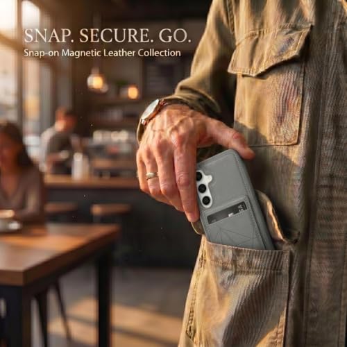 Image of amazon basics Premium Vegan Leather Back Cover with Card Holder and Integrated Mobile Stand for Samsung Galaxy S24FE 5G - Slim Shockproof Wallet Case with Geometric Stitching [Gray]
