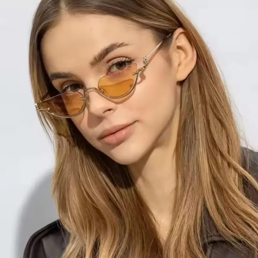 Retro Half-Frame Cat Eye Sunglasses for Women, 2025 Trendy Narrow Gold Semi-Rimless Y2K Sunglasses3