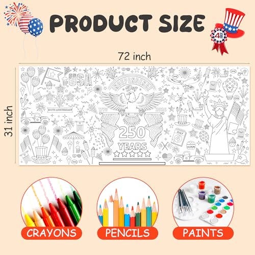 Image of OHOME 4th of July Giant Coloring Poster /Tablecloth - 250th Anniversary Decorations | Kids Gifts Crafts Games Toys Activities Party Decor for Classroom School | 250th Anniversary Merchandise