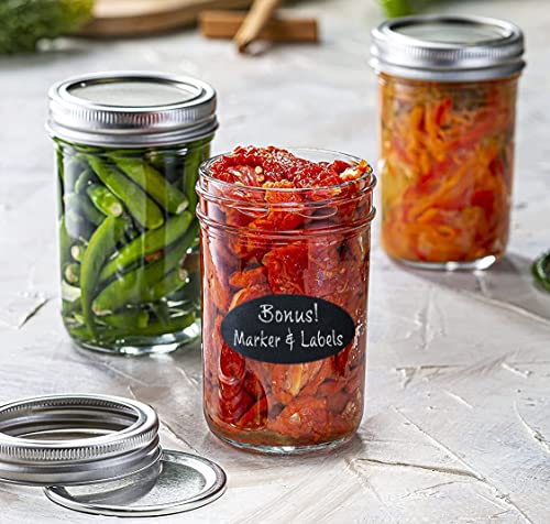 8Oz Glass Mason Jars With Airtight Lids, Set Of 12 - Wide Mouth + Marker & Labels, Canning Jars With Lid, Ideal For Candle Jars, Spice Jars, Wedding Favors, Meal Prep, Jelly Jar, Jam, Honey, Drink #TOP26