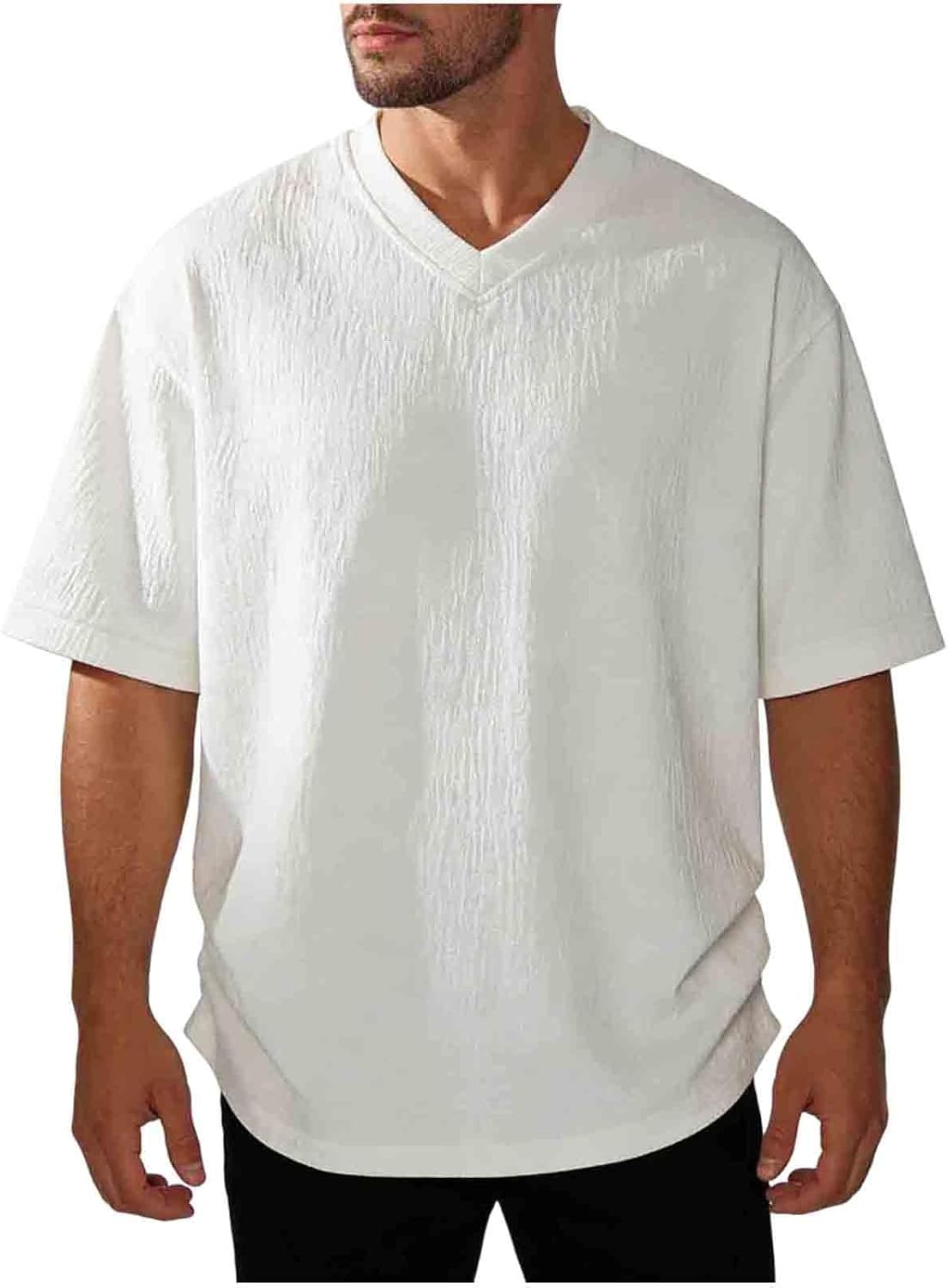 Mens T-Shirts Short Sleeve V Neck Shirts Casual Classic Shirt Summer Stretchy Tops Texture Loose Fit Tee for Daily