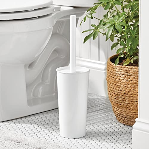 Image of mDesign Metal Freestanding Slim Toilet Bowl Brush and Holder + Rectangle Narrow 5 Liter / 1.3 Gallon Step Pedal Trash Can Wastebasket for Bathroom - Small, Compact Design - Set of 2 - White