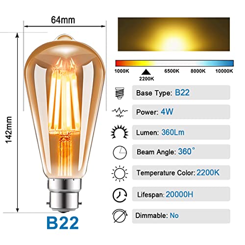 EXTRASTAR B22 ST64 Vintage LED Bulbs, 4W Bayonet Light Bulb, 33W Equivalent, 360LM, 2200K Warm White - Image 3