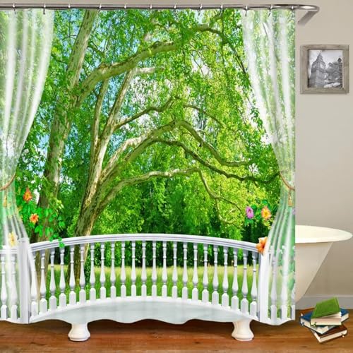 Rideau de douche nature forêt 3D imperméable avec crochets 214x183cm - 2