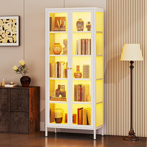 Image of Lucky Monet 5-Tier Glass Display Cabinet with LED Lights, 67 inch Tall Metal Curio Cabinets with Glass Door and 4 Adjustable Shelves, Large Display Case for Collectibles Figures China Books (White)