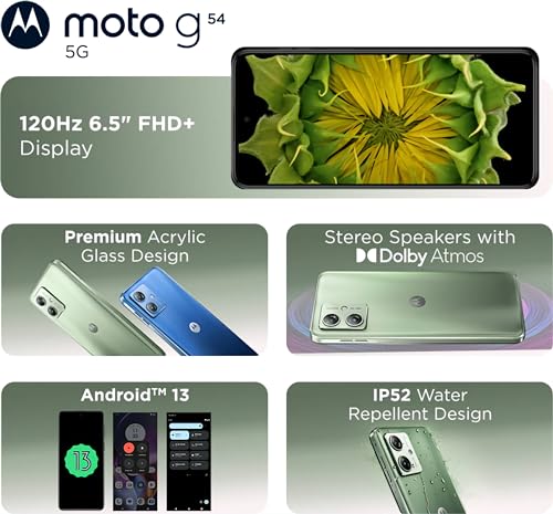 Image of Motorola G54 5G (Mint Green, 12GB RAM, 256GB Storage) | MediaTek Dimensity 7020 Processor | 6000mAh Battery with 30W Turbocharging | 50 MP OIS Camera with UltraPixel Technology | 6000 mAh Battery