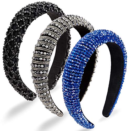 3 Piece Rhinestone Headband Crystal Diamond Padded Wide Headband Headwear Glitter Crystal Embellished Hairbands Hair Accessories for Women Girls Party Wedding (Black, Silver, Gem Blue)