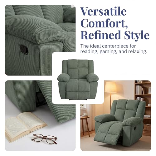 Image of Oversized Corduroy Recliner Chair, Manual Lazy Boy Recliner with Home Theater Seating, Breathable Living Room Reclining Chair for Adults Reading, Gaming, Relax, Green