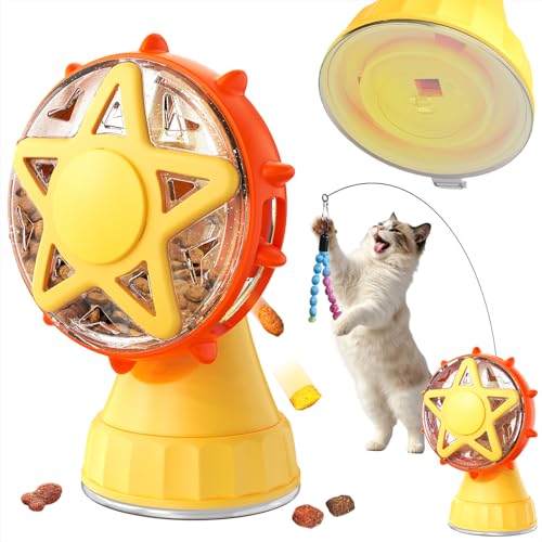 2 in 1 Riesenrad Katze Spielzeug interaktiv, Leckerli Spender Futter Puzzle mit Saugnapf Basis & Katzenangel mit Glocken, langsamer Futterautomat Intelligenzspielzeug für Wohnungskatzen