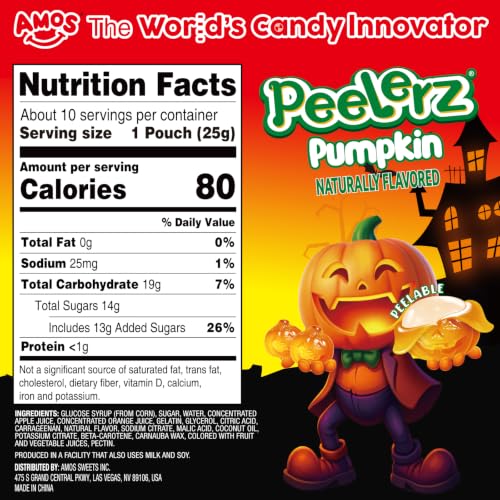 AMOS Peelerz Pumpkin Gummy, 8.47 oz (240g), Peelable Halloween Candy, Halloween Gummies, 10 Individual Packs for Trick or Treat & Parties - image 3