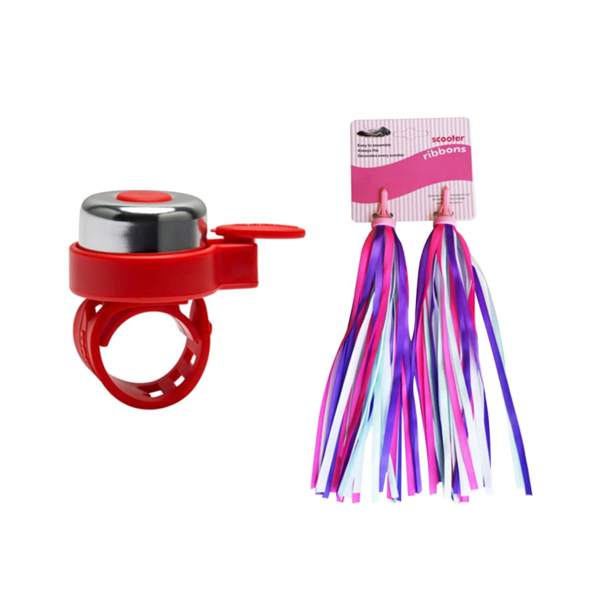 POPETPOP 2Pcs Bike Grips with Streamers Bell Set Purple Pink Tassels Red Handlebar Bell for Scooters Bicycles Fun Bike Accessories for Boys