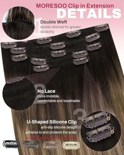 Image of Moresoo 14 inch Clip in Hair Extensions Human Hair Remy Double Weft Human Hair Clip in Extensions Balayage Hair Extensions for Women Ombre Dark Brown to Dark Ash Blonde with Golden Blonde 5pcs 80g