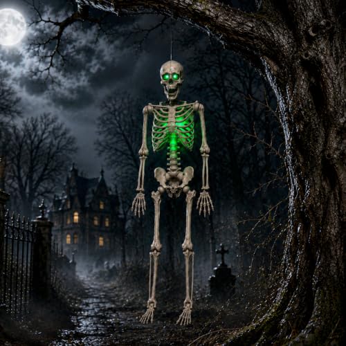 5ft (152cm) Battery Powered Light up Halloween Skeleton with Poseable Joints & Green LEDs