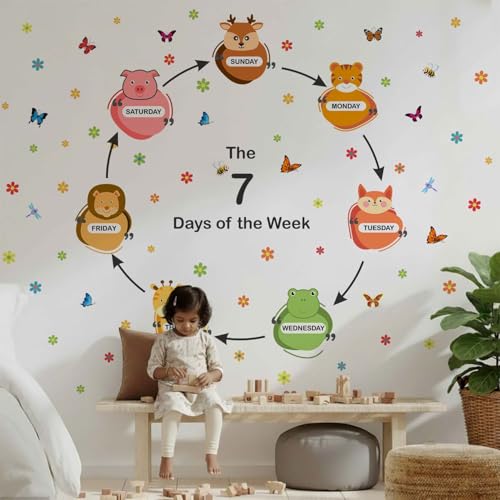 Image of StickMe '7 Days of The Week Animals Baby Kids Learning Education NurseryPre School Kinder Garden Colorful Wall Sticker' (Multi Colour, Vinyl) (Premium Extra Large - 220 x 190 cm)