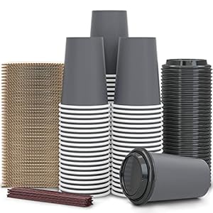 【100 Pack – 12 oz Disposable Coffee Cups To Go with Lids Sleeves and Straws 100% Biodegradable & Compostable Pla Eco Friendly Paper Coffee Cups for Tea Coffee Hot Chocolate