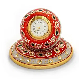 Fashion Bizz Beautiful Golden Meenakari Work Marble Table Clock Plate Watch (9.5 x 9.5 x 8 CM)