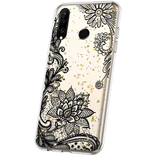 JAWSEU Case Compatible with Huawei P30 Lite, Bling Glitter Pattern Transparent Soft TPU Silicone Gel Rubber Bumper Case Ultra Thin Sparkle Crystal Clear Slim Fit Shockproof Cover,Flower-5