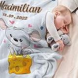 SOUFEEL Couverture pour Bébé Couvertures Personnalisées avec Nom et Date de Naissance Douce 80 * 100cm Couvertures Cadeaux pour Bébés Garçons Filles Nouveau-nés Anniversaire