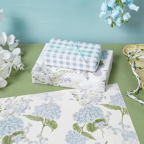 LeZakaa Floral Wrapping Paper, Blue Hydrangea Flowers & Gingham Check, 4 Different Design for Wedding, Bridal Shower, Mother\'s Day, Birthday, 12 Folded Sheets, 27.5 x 19.6 inches Per Sheet - Thumbnail 3