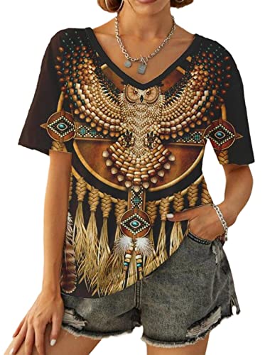 Camiseta con Estampado Étnico Indio para Mujer, Camisetas De Manga Corta con Cuello En V y Estampado De Plumas De Estilo Étnico De Verano Color4 L