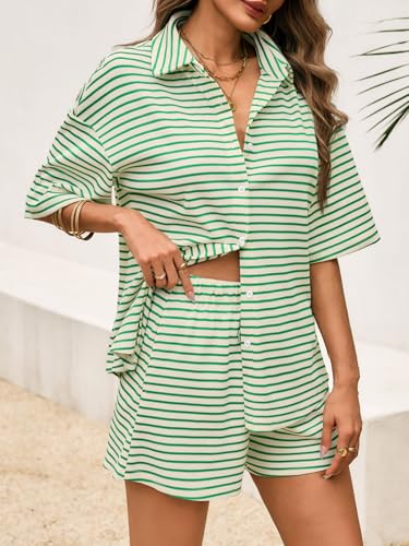 Image of Tankaneo Womens Striped 2 Piece Sets Short Sleeve Lounge Set | Button Down, Waffle Knit, Pajama Lounge Set, Summer Outfits
