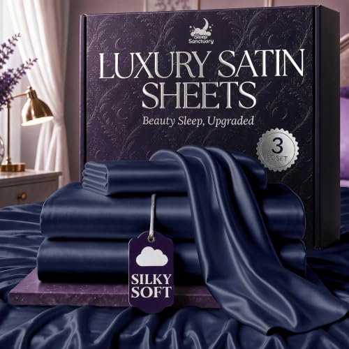 SLEEP SANCTUARY Satin Sheets Twin Size – 3 Piece Luxury Silky Bed Set, Softer Than Silk, 15" Deep Pocket, Cooling & Wrinkle-Free, Moisture-Wicking & Breathable for Hair & Skin (Navy Blue)