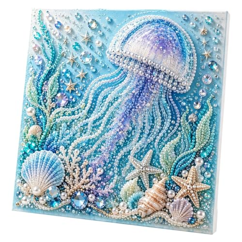 Ocean Theme Pearl Art DIY Kit, Ocean 3D Diamond Painting Craft for Adults, Sparkling Coastal Decor Wall Art with Pearls & Rhinestones, Beginner DIY Gift (Jellyfish)