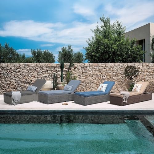 Patiorama Outdoor Patio Chaise Lounge Chair, Elegant Reclining Adjustable Pool Rattan Chaise Lounge Chair with Cushion, Grey PE Wicker, Steel Frame, Dark Grey, Set of 4 - Thumbnail 6